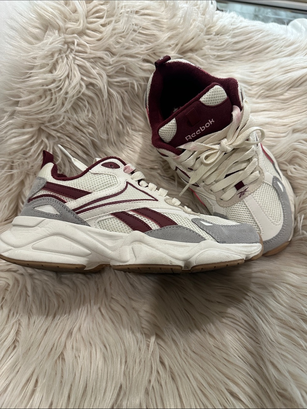 Reebok Women’s White and Burgundy Mesh Chunky Sneaker